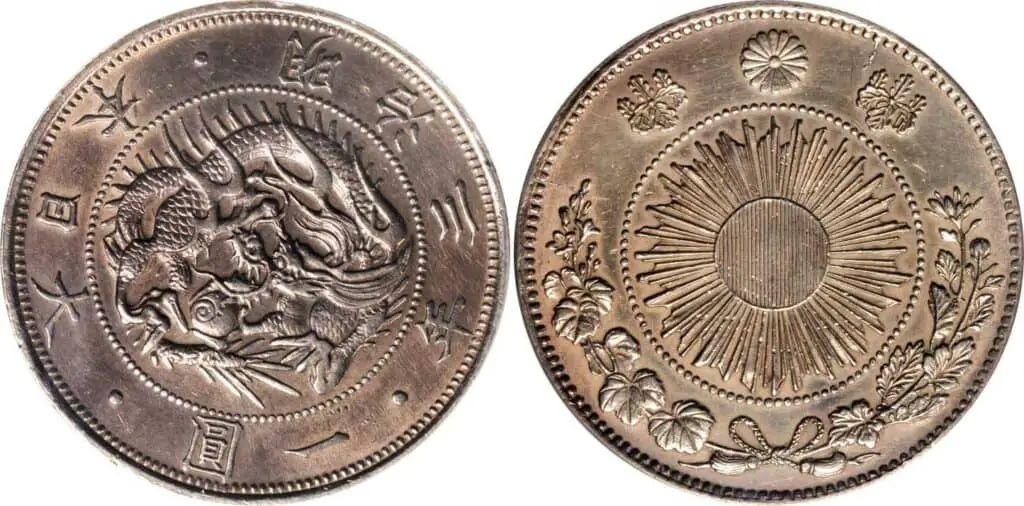 6 1870 Meiji Year of 3 Japan One Yen Silver Coin