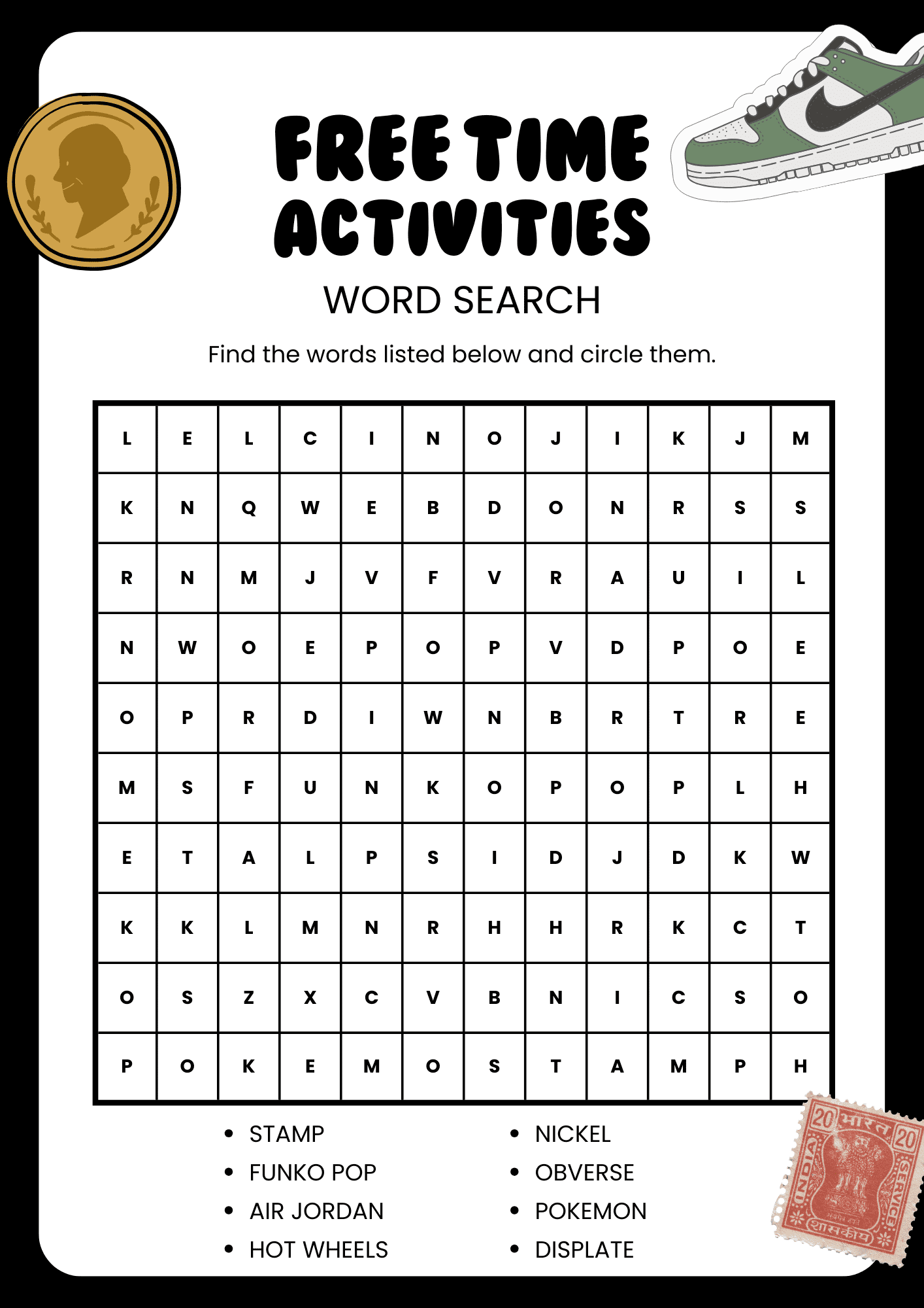 Free Time Activities Hobbies and Interests Word Search 1