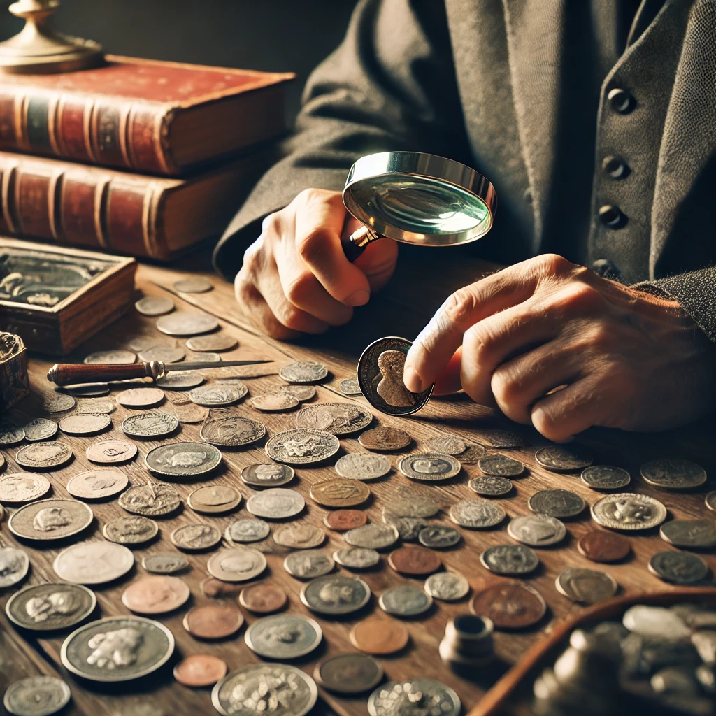 DALL·E 2024 10 11 17.47.30 A person sitting at a desk surrounded by old coins of various shapes and sizes. The person is examining one coin closely with a magnifying glass whi