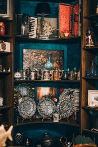 collectibles display on shelves