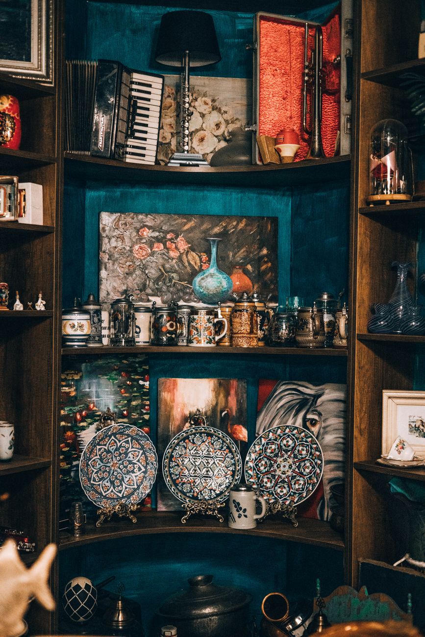 collectibles display on shelves