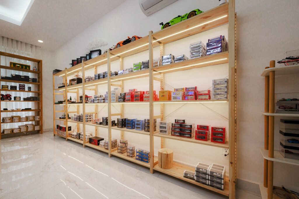 Diecast model cars in a collector display room