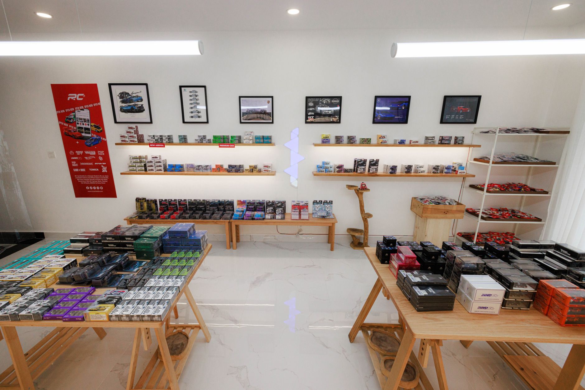 Colorful diecast model cars on a shelf